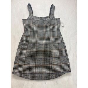 Le Al.x Womens Plaid Houndstooth Mini Dress Square Neck Back Cutout Brown Blue L